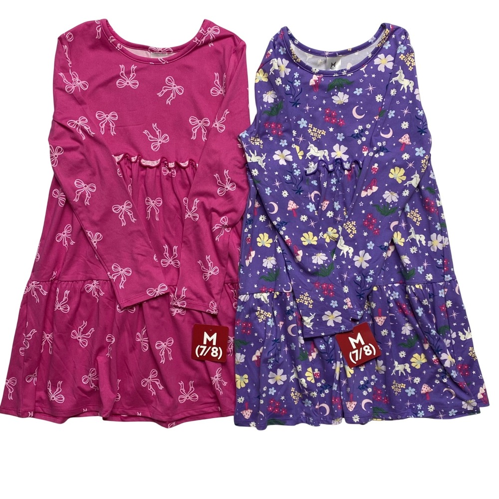 Members Mark Girls 2 Pack L Sleeve‎ Tiered Dresses Pink Purple Unicorn 7/8 M NWT